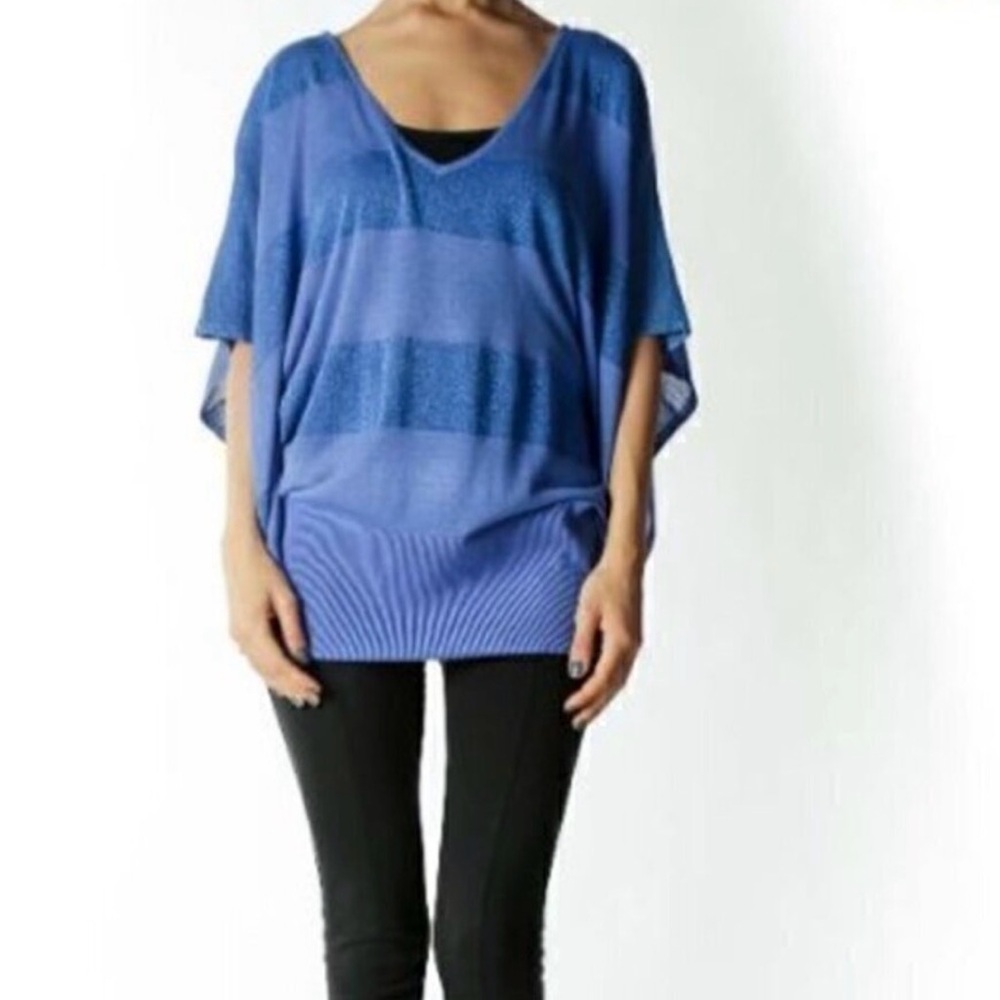 Nicole by Nicole Miller Amparo Blue Glittery Striped Dolman Flutter Sleeve Top M
